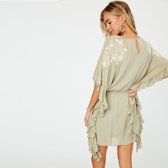 Floral Embroidered Cascading Ruffle Caftan Dress • NWT • Round Neck • Lined - Picture 7 of 7